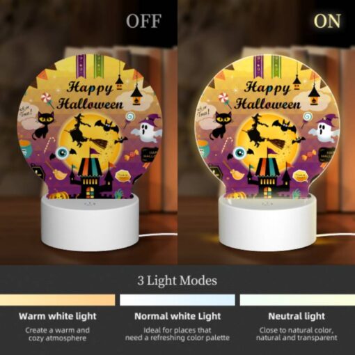 Round Acrylic Night Light, A Colorful Poster With Halloween Decorations And A Witch On A Broom. -Nuas Diy Shop 000f00ce133b5dc4ae89baf7c7dd2ec1bbad4e70