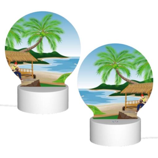 Round Acrylic Night Light, A Man Is Sitting Under A Palm Tree On A Beach. -Nuas Diy Shop 02685e675fa84e84e281a0945a4ee3e4dfa8def4