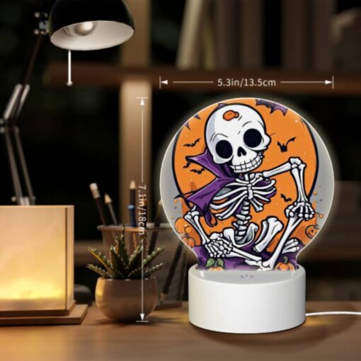 Round Acrylic Night Light, A Skeleton Is Sitting On A Pumpkin Patch With A Bat In The Background. -Nuas Diy Shop 02c841cfcc90d5d58c105c6c44e7e4de3490ebbc