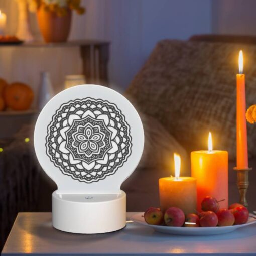 Round Acrylic Night Light, A Black And White Design Of A Flower. -Nuas Diy Shop 03719a43381eba6dca8753c4952436da50174125