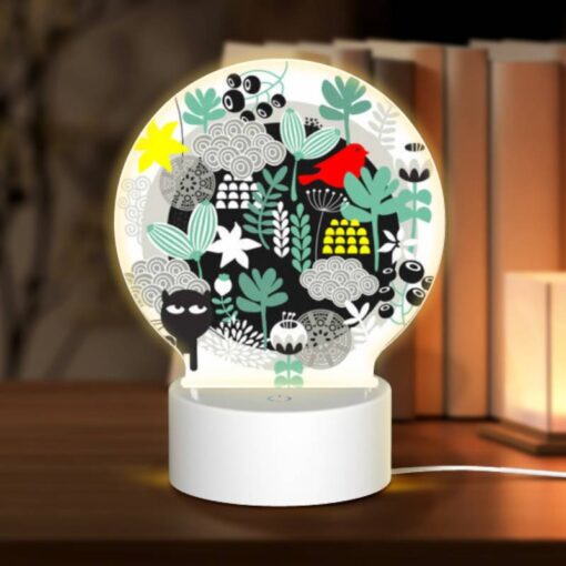 Round Acrylic Night Light, A Black And White Drawing Of A Cat And A Bird In A Forest. -Nuas Diy Shop 0420e5ce1a6eb09e07b806a2a8f9b08712fb29d0