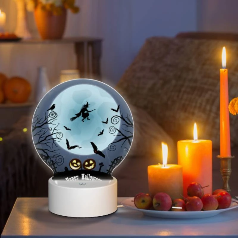 Round Acrylic Night Light, A witch flies over a moonlit night with a full moon and bats flying around. Round Acrylic Night Light, A Witch Flies Over A Moonlit Night With A Full Moon And Bats Flying Around. -Nuas Diy Shop 06e2f4b617eaf6c05a6e7cf0726bf99e0f4cbace