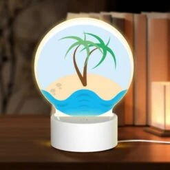 Round Acrylic Night Light, A Palm Tree On A Sandy Beach.