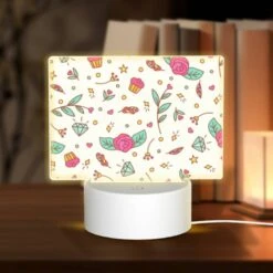 Rectangular Acrylic Night Light, A Pattern Of Flowers And Stars With A Pink Rose In The Center.
