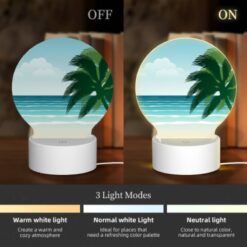 Round Acrylic Night Light, A Palm Tree Is On A Beach With A Blue Ocean In The Background. -Nuas Diy Shop 115a19c6df856030579d4ebeee7b95519b69e8bc