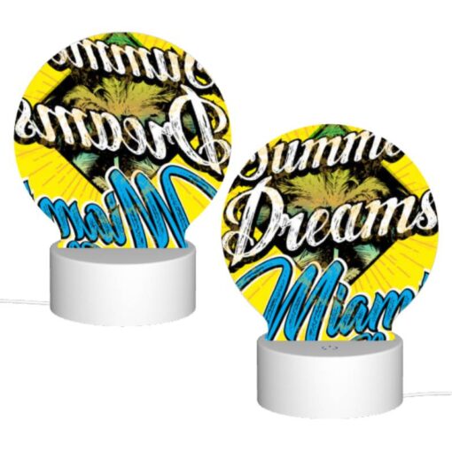 Round Acrylic Night Light, A Yellow And Blue Sign That Says "Summer Dreams Miami Beach". -Nuas Diy Shop 13ea08db6538fff381c330f5ca1fefce2439dfb8