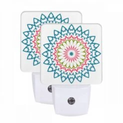 Night Light Set Of 2, A Colorful Flower Design With A Pink And Green Center.