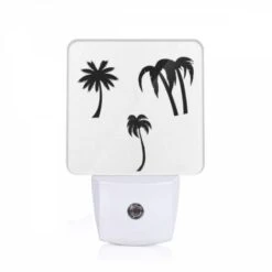 Night Light, Three Black And White Palm Trees On A White Background.