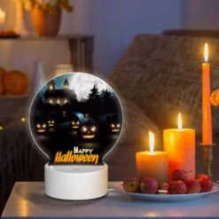 Round Acrylic Night Light, A Halloween Scene With A House And Pumpkins. -Nuas Diy Shop 1496e2406cb21b0e9c5098cb2f35e0a3bb76903a