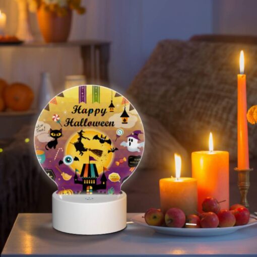 Round Acrylic Night Light, A Colorful Poster With Halloween Decorations And A Witch On A Broom. -Nuas Diy Shop 16d2be5b908363e4f431878a6dd5070b243efbd6