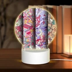 Round Acrylic Night Light, Three Colorful And Intricate Designs Are Displayed On A Wall.