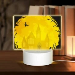 Rectangular Acrylic Night Light, A Skeleton Is Sitting In Front Of A Haunted House.
