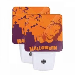 Night Light Set Of 2, A Halloween Scene With A Fence And A Cemetery.