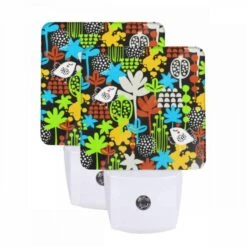 Night Light Set Of 2, A Colorful Pattern Of Birds And Flowers.