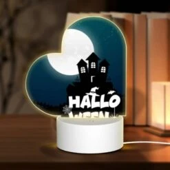 Love Acrylic Night Light, A House With A Moon In The Background And The Words Halloween Written Below It.
