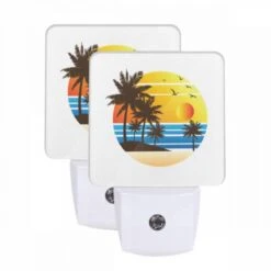 Night Light Set Of 2, A Sunset With Palm Trees And Birds.