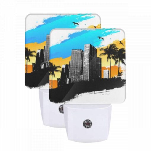 Night Light Set Of 2, A Black And White Drawing Of A City With A Bird Flying Above It. -Nuas Diy Shop 22053788c39edfcfbba9c449157297834675bb14