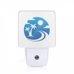 Night Light, A Blue And White Logo Of A Sun And Palm Tree.