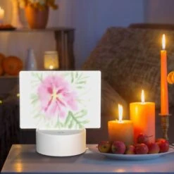 Rectangular Acrylic Night Light, A Pink Flower With Green Leaves. -Nuas Diy Shop 221c69f0e61efd3062eb932c2425d99bd661484c