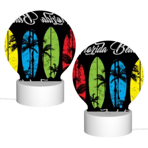 Round Acrylic Night Light, A Black And White Image Of A Surfboard With The Words Florida Beach Paradise Lost Written On It. -Nuas Diy Shop 24bcf62a316e6e281c11681662beefb4b2a94a23