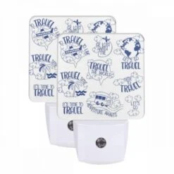 Night Light Set Of 2, A Collection Of Travel Stickers With Phrases Like "It's Time To Travel" And "Adventure Awaits."