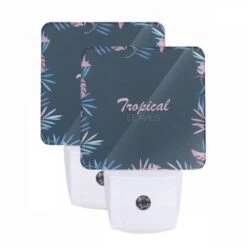 Night Light Set Of 2, A Blue And Pink Leaf Design With The Word Tropical In Pink.