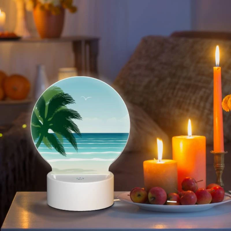 Round Acrylic Night Light, A palm tree is on a beach with a blue ocean in the background. Round Acrylic Night Light, A Palm Tree Is On A Beach With A Blue Ocean In The Background. -Nuas Diy Shop 27678717447491114d5182f63d861c60d2965876