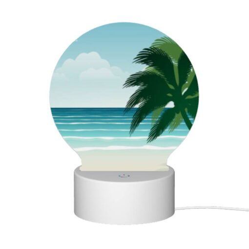 Round Acrylic Night Light, A Palm Tree Is On A Beach With A Blue Ocean In The Background. -Nuas Diy Shop 27bcfaabf8018f74e06ab9e2b533aa833266911d