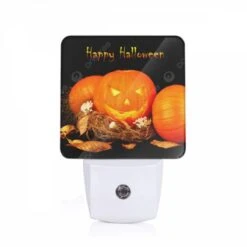 Night Light, Three Pumpkins Are Arranged In Front Of A Sign That Says "Happy Halloween."