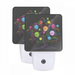 Night Light Set Of 2, A Colorful Tree With Many Flowers.