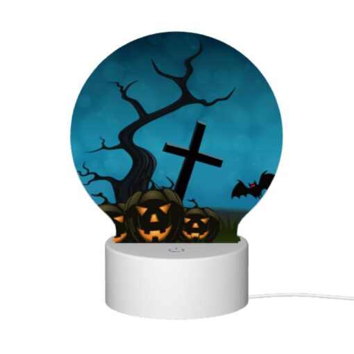 Round Acrylic Night Light, A Halloween Scene With A Cross And A Bat Flying Over A Tree With Pumpkins. -Nuas Diy Shop 2a98f7bc4ffd4333670a3e2665312824089ee385