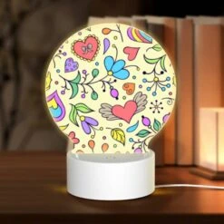 Round Acrylic Night Light, A Colorful Floral Pattern With Hearts And Flowers.
