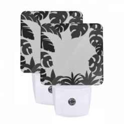 Night Light Set Of 2, A Black And White Image Of A Leafy Plant.