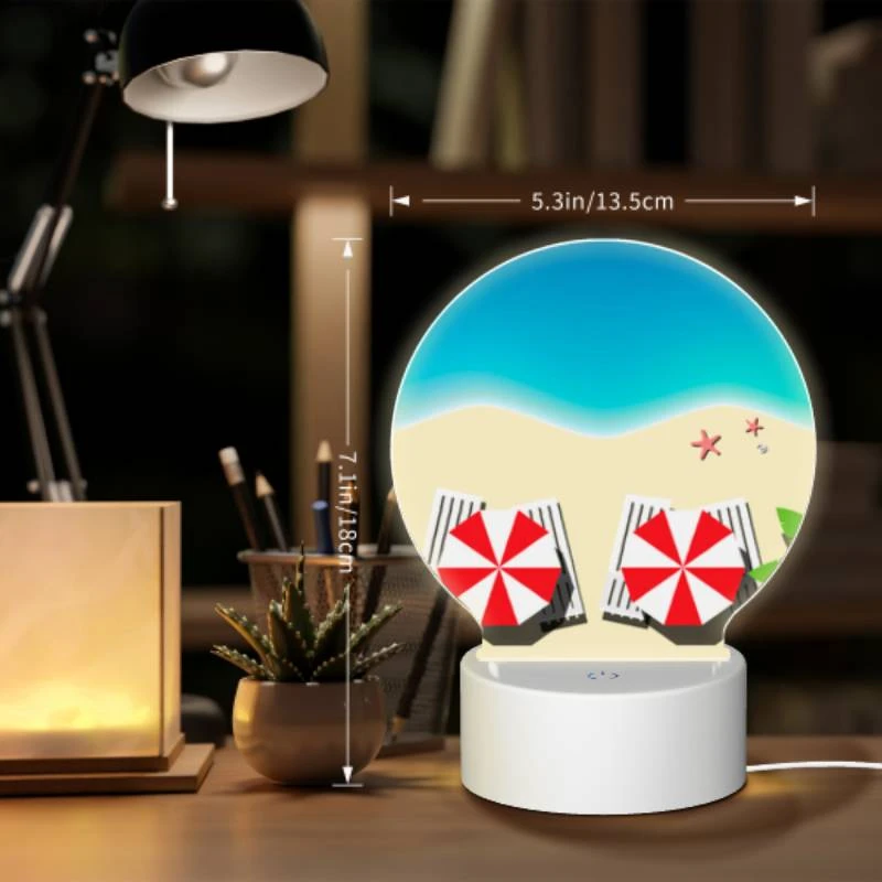 Round Acrylic Night Light, Two red and white striped umbrellas on a beach. Round Acrylic Night Light, Two Red And White Striped Umbrellas On A Beach. -Nuas Diy Shop 2f44c17cdd16323b5dac7006caa1b675486ddcb7