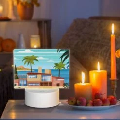 Rectangular Acrylic Night Light, A House Is Situated On A Beach With A Palm Tree In Front Of It. -Nuas Diy Shop 30564462609ab70fd312e74afa62188d74b03a06