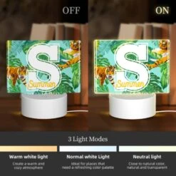 Rectangular Acrylic Night Light, A Colorful Image Of A Tiger And A Palm Tree With The Letter S In The Middle. -Nuas Diy Shop 309a799eaa0b39e6749888989ea7ed185485de6e
