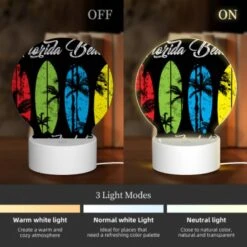 Round Acrylic Night Light, A Black And White Image Of A Surfboard With The Words Florida Beach Paradise Lost Written On It. -Nuas Diy Shop 31c5062fae94c5d076ec35269eac071a47c51bca