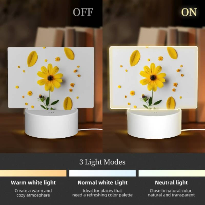 Rectangular Acrylic Night Light, A yellow flower with yellow petals and green leaves is placed on a white surface. Rectangular Acrylic Night Light, A Yellow Flower With Yellow Petals And Green Leaves Is Placed On A White Surface. -Nuas Diy Shop 31f7713059a031568b7b79db0dcb7dbf69cff624