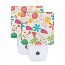 Night Light Set Of 2, A Colorful Flower Pattern With Hearts And Leaves.