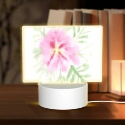 Rectangular Acrylic Night Light, A Pink Flower With Green Leaves.