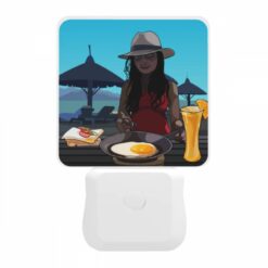 Night Light, A Woman Wearing A Hat Is Sitting At A Table With A Plate Of Food In Front Of Her. -Nuas Diy Shop 37ea5d67ad315a303895ef145d858fa63f78fd72