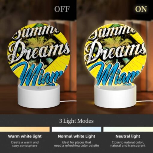 Round Acrylic Night Light, A Yellow And Blue Sign That Says "Summer Dreams Miami Beach". -Nuas Diy Shop 38923fddb5885a389a84debbd0d13c5f3f32ae67