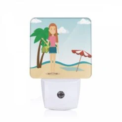 Night Light, A Woman In A Pink Shirt And Blue Shorts Is Standing On A Beach