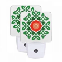 Night Light Set Of 2, A Green Leaf Design With A Red Center.