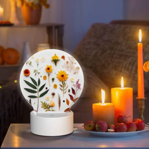 Round Acrylic Night Light, A Variety Of Flowers And Leaves Are Arranged On A White Surface. -Nuas Diy Shop 3f2314a0a60b596c99aaae16eebeec579650e878