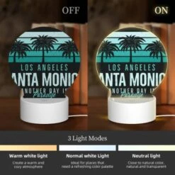 Round Acrylic Night Light, A Black And White Image Of Palm Trees And The Words "Los Angeles Santa Monica Another Day In Paradise." -Nuas Diy Shop 4073faed9476f7f2e28e8584db97987476cea639