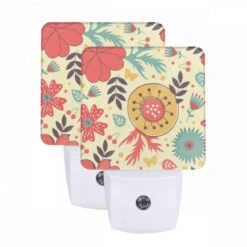 Night Light Set Of 2, A Colorful Floral Pattern With A Yellow Center.