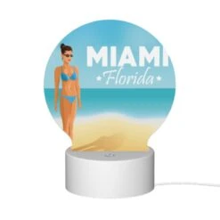 Round Acrylic Night Light, A Woman In A Bikini Stands On A Beach In Front Of A Sign That Reads "Miami Florida." -Nuas Diy Shop 42601e2a24c662bf637595566b0a2e175a1673fa