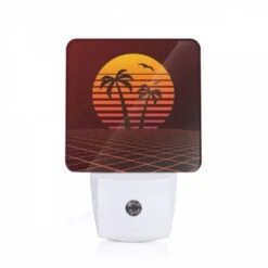 Night Light, A Sunset With A Palm Tree And Two Birds In The Sky.