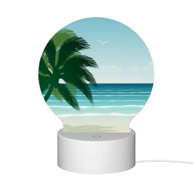 Round Acrylic Night Light, A palm tree is on a beach with a blue ocean in the background. Round Acrylic Night Light, A Palm Tree Is On A Beach With A Blue Ocean In The Background. -Nuas Diy Shop 435045fac6f7430efe6605c73e2f77c4d3c23ae6
